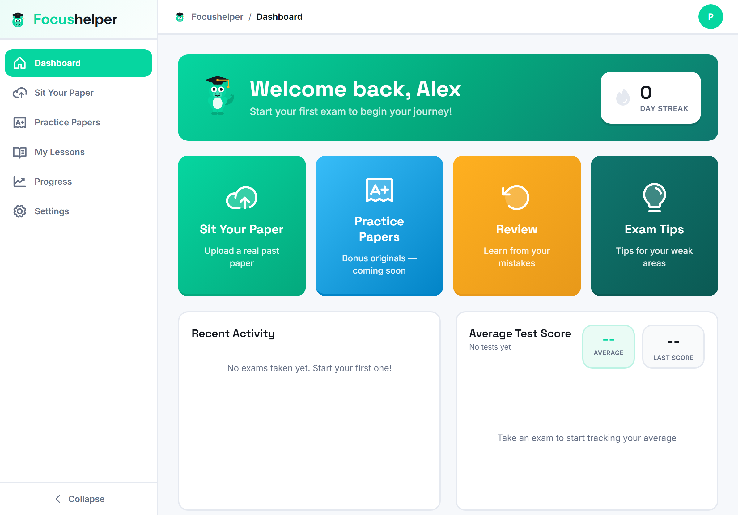Dashboard with streak and quick actions