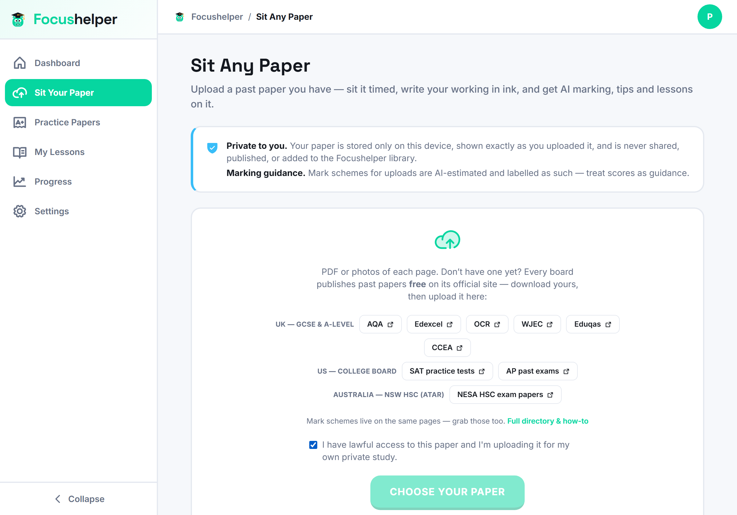 Sit Any Paper: upload your own past paper into the Focushelper exam environment — private to your device